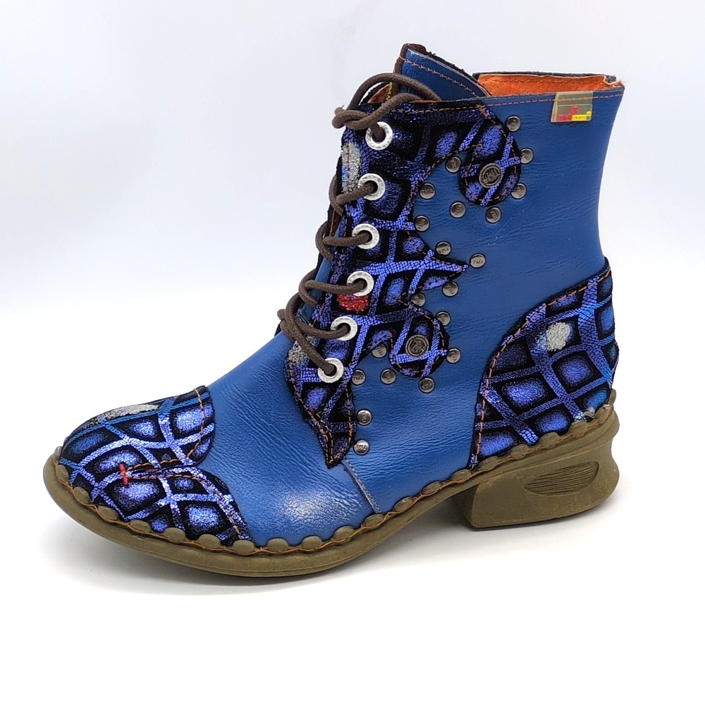 TMA Eyes Shoes Womens Blue 8 Colorful Combat Boots Leather Lace Up Ankle NEW